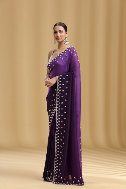 Purple Ombre Crepe Saree with Sequins, Cutdana & Stone Work (Unstitched)