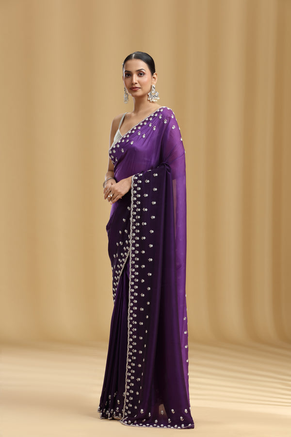 Purple Ombre Crepe Saree with Sequins, Cutdana & Stone Work (Unstitched)