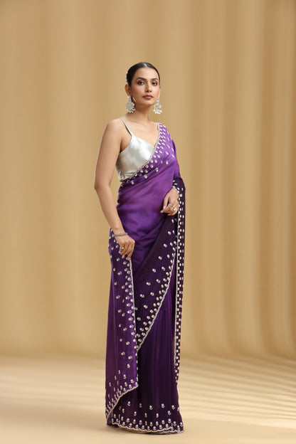 Purple Ombre Crepe Saree with Sequins, Cutdana & Stone Work (Unstitched)