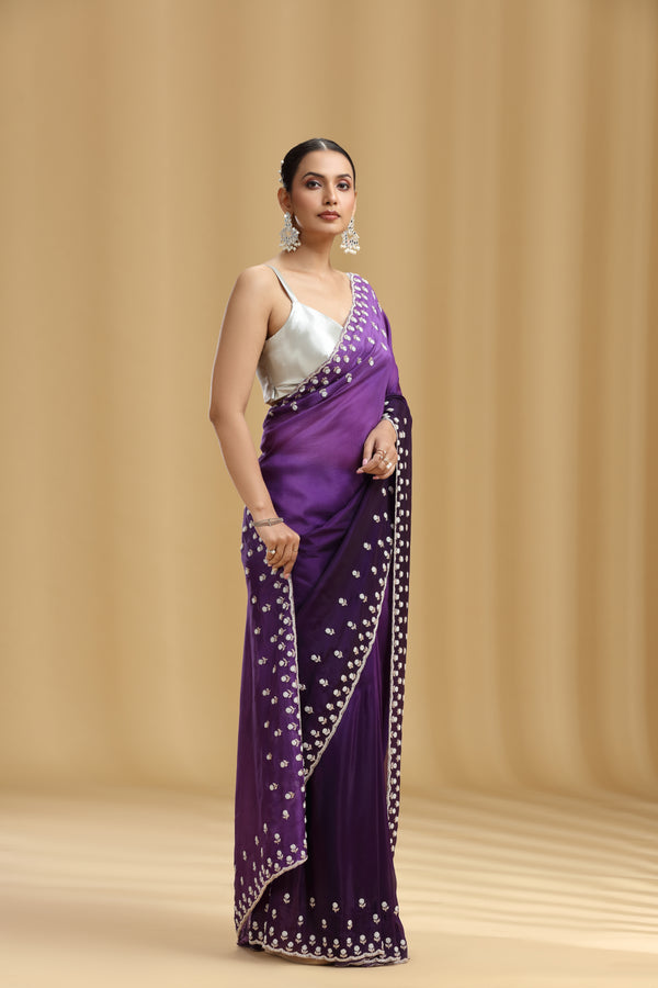 Purple Ombre Crepe Saree with Sequins, Cutdana & Stone Work (Unstitched)