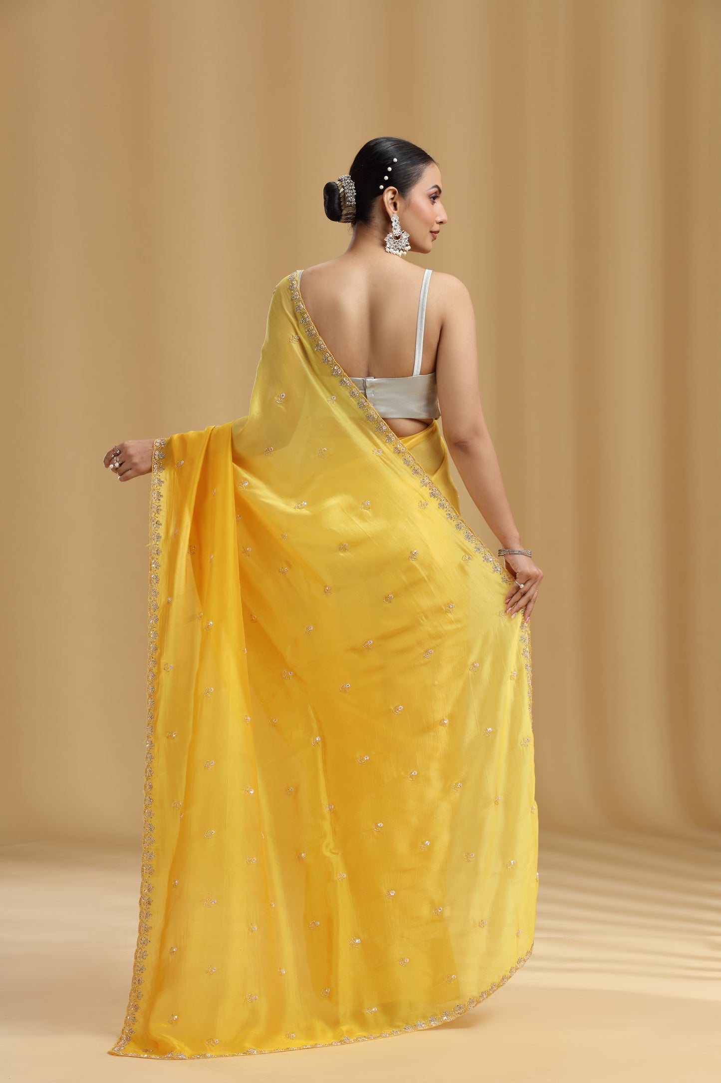Yellow Crepe Saree with Sequins, Cutdana & Stone Work (Unstitched)