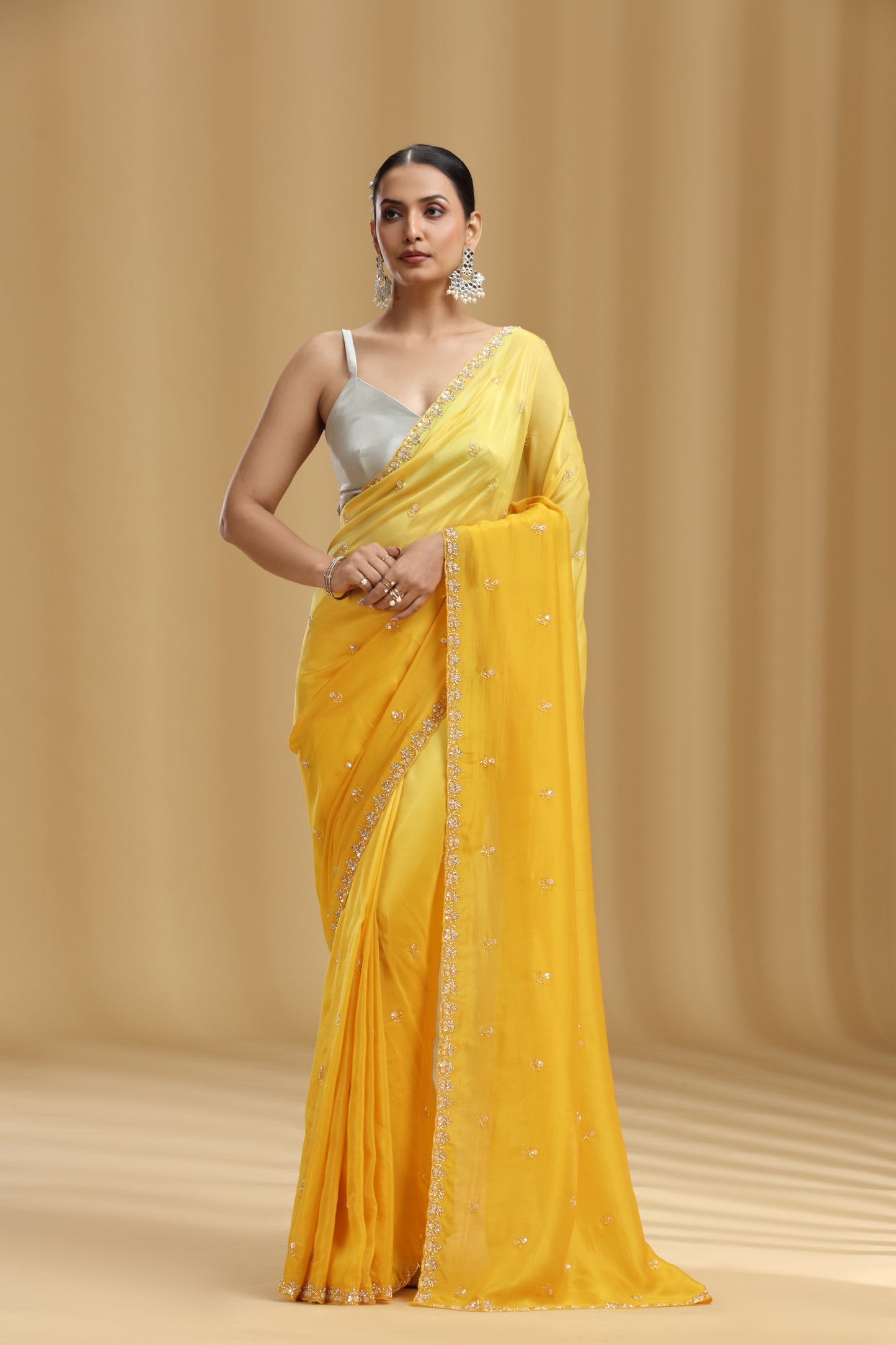 Yellow Crepe Saree with Sequins, Cutdana & Stone Work (Unstitched)