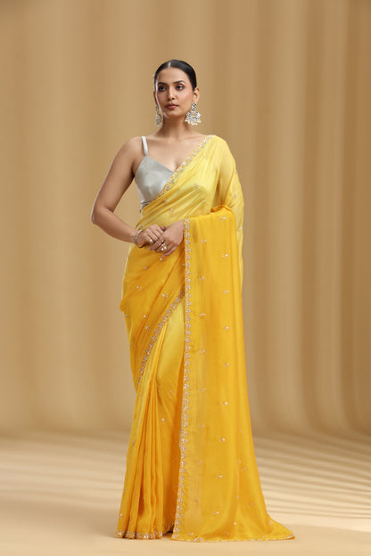 Yellow Crepe Saree with Sequins, Cutdana & Stone Work (Unstitched)