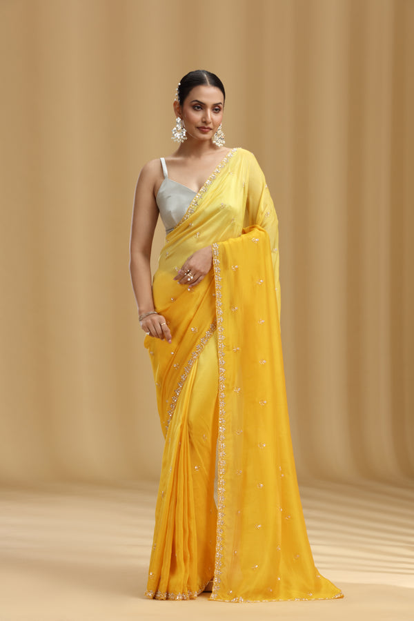 Yellow Crepe Saree with Sequins, Cutdana & Stone Work (Unstitched)