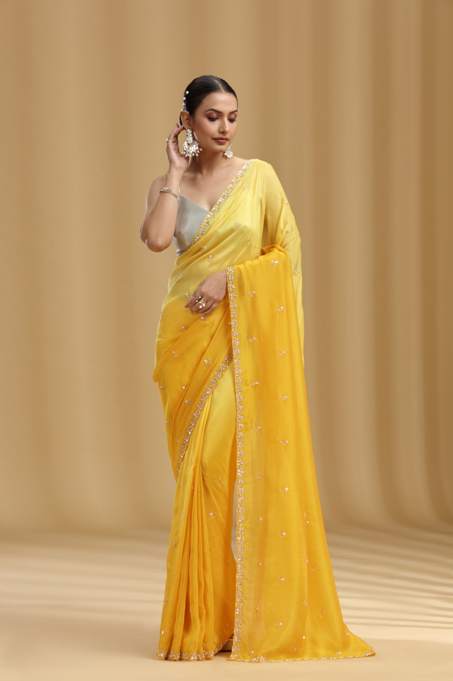 Yellow Crepe Saree with Sequins, Cutdana & Stone Work (Unstitched)