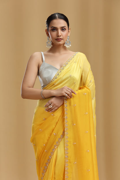Yellow Crepe Saree with Sequins, Cutdana & Stone Work (Unstitched)