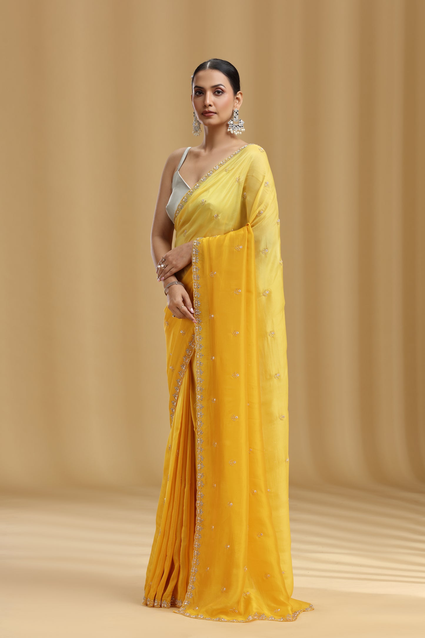 Yellow Crepe Saree with Sequins, Cutdana & Stone Work (Unstitched)