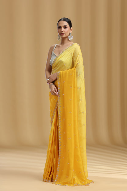Yellow Crepe Saree with Sequins, Cutdana & Stone Work (Unstitched)