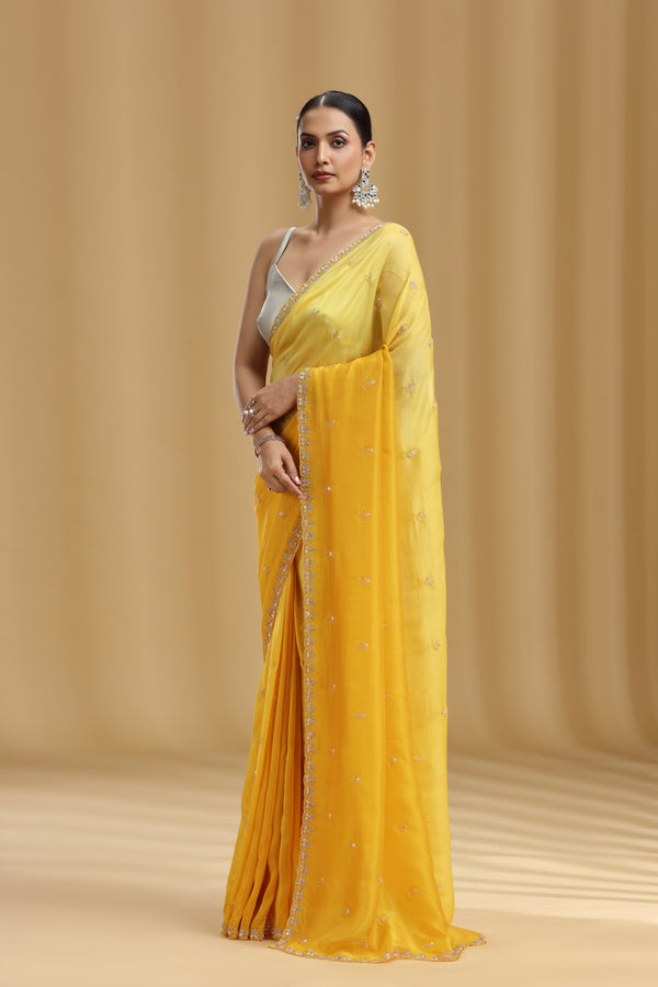 Yellow Crepe Saree with Sequins, Cutdana & Stone Work (Unstitched)