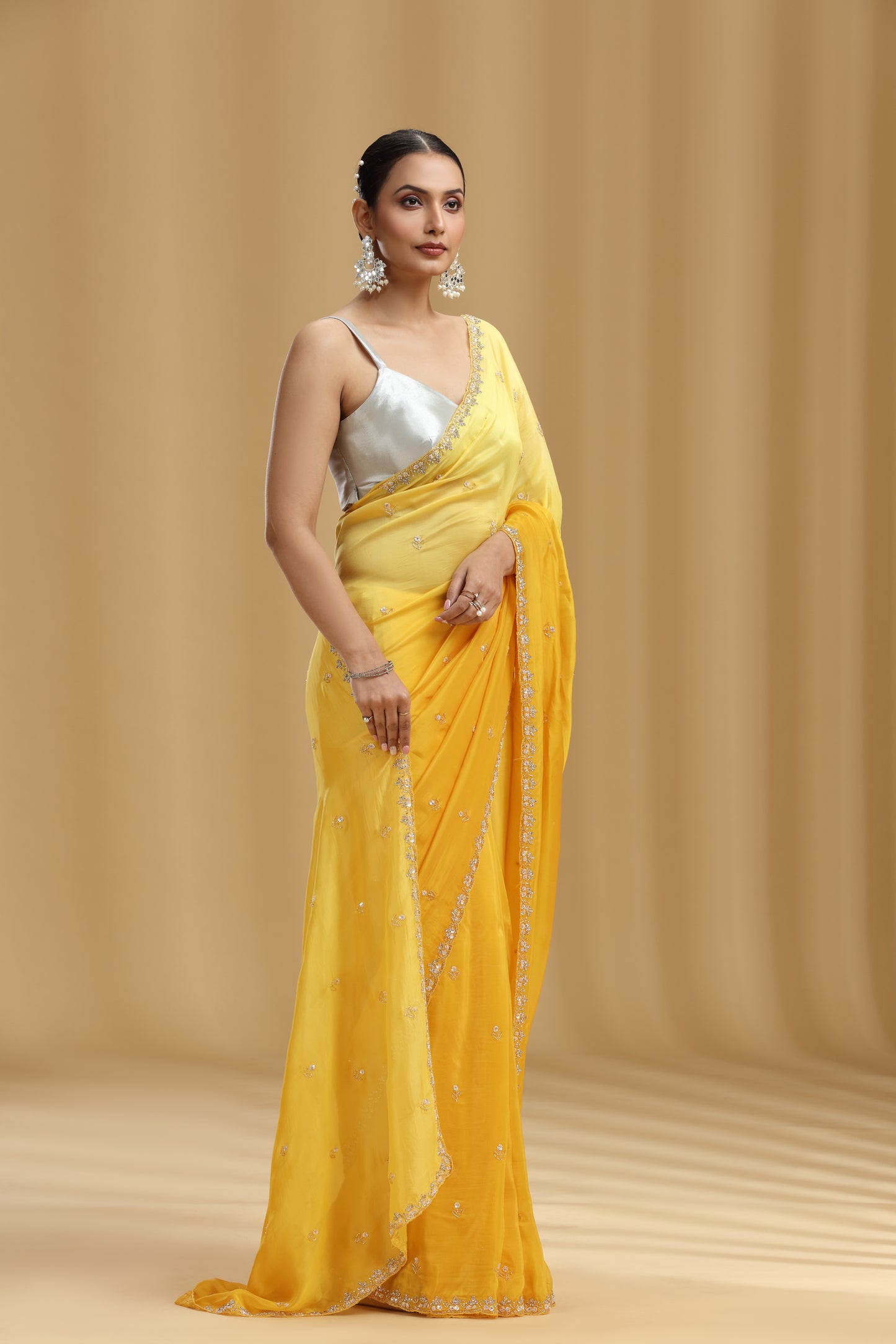 Yellow Crepe Saree with Sequins, Cutdana & Stone Work (Unstitched)