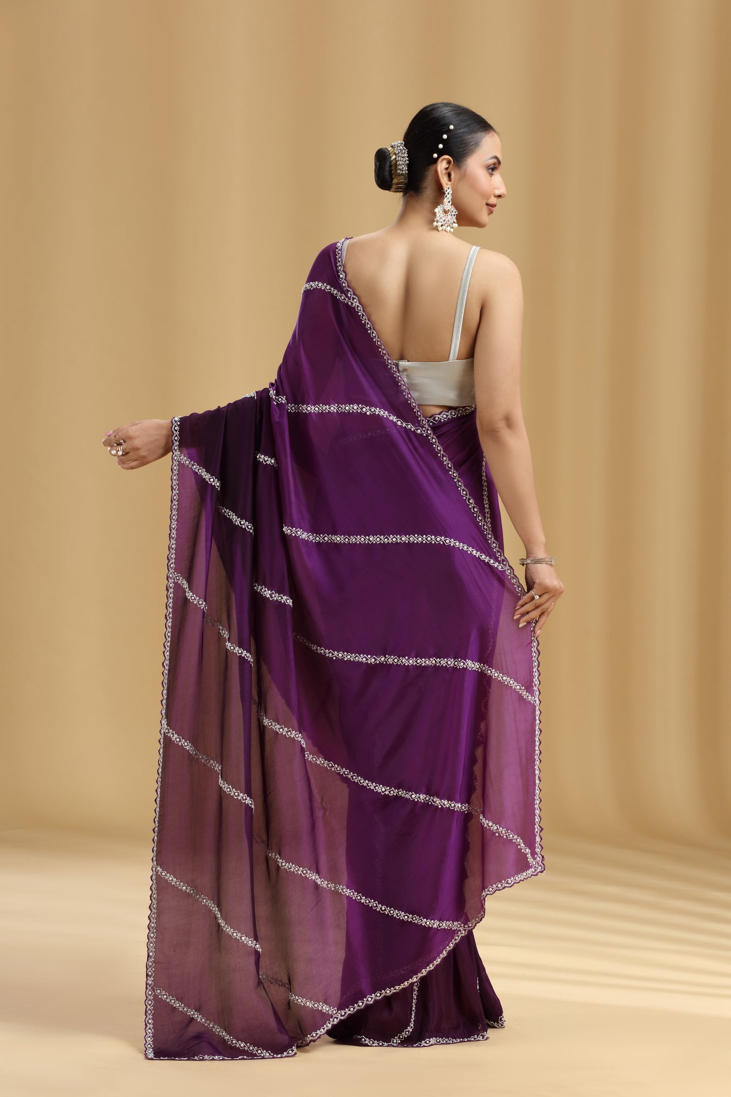 Purple Ombre Crepe Saree with Cutdana & Pearl Work (Unstitched)