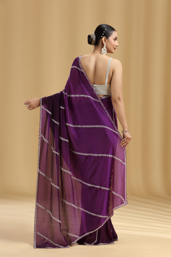 Purple Ombre Crepe Saree with Cutdana & Pearl Work (Unstitched)