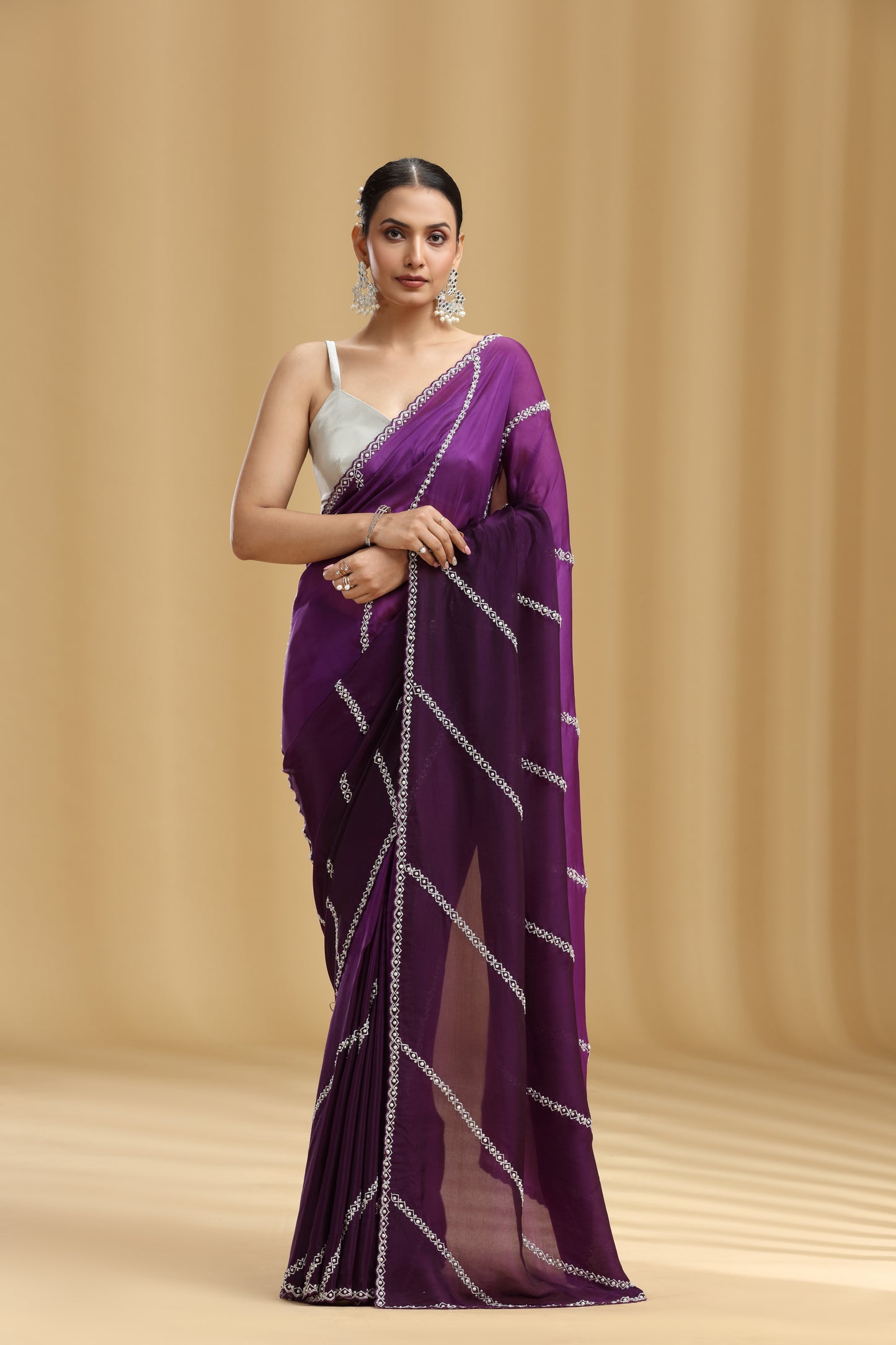 Purple Ombre Crepe Saree with Cutdana & Pearl Work (Unstitched)