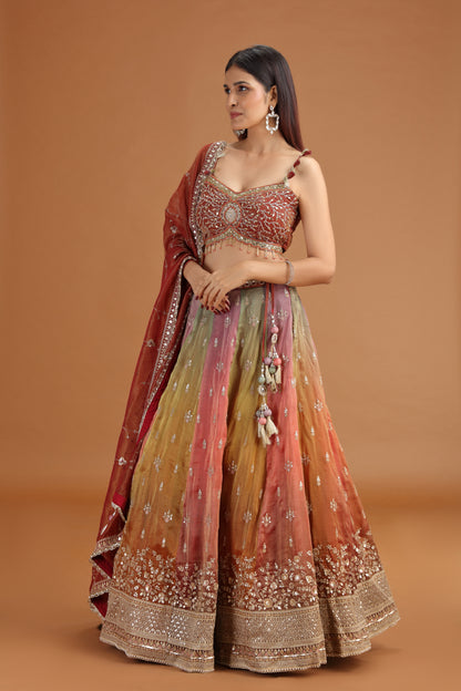 Woman wearing a maroon tissue lehenga with a red dupatta