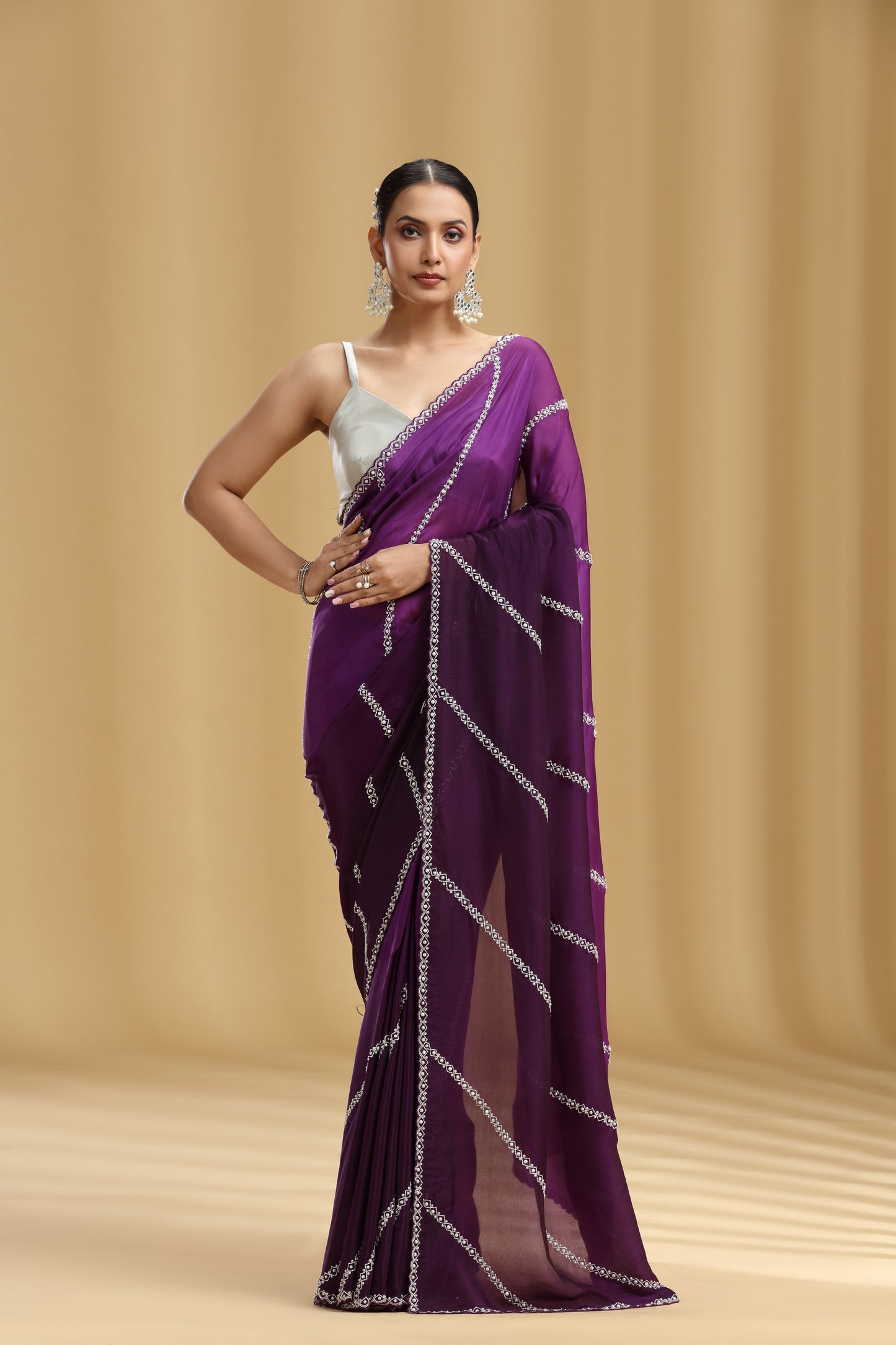 Purple Ombre Crepe Saree with Cutdana & Pearl Work (Unstitched)