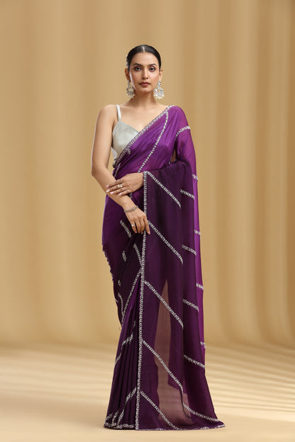 Purple Ombre Crepe Saree with Cutdana & Pearl Work (Unstitched)