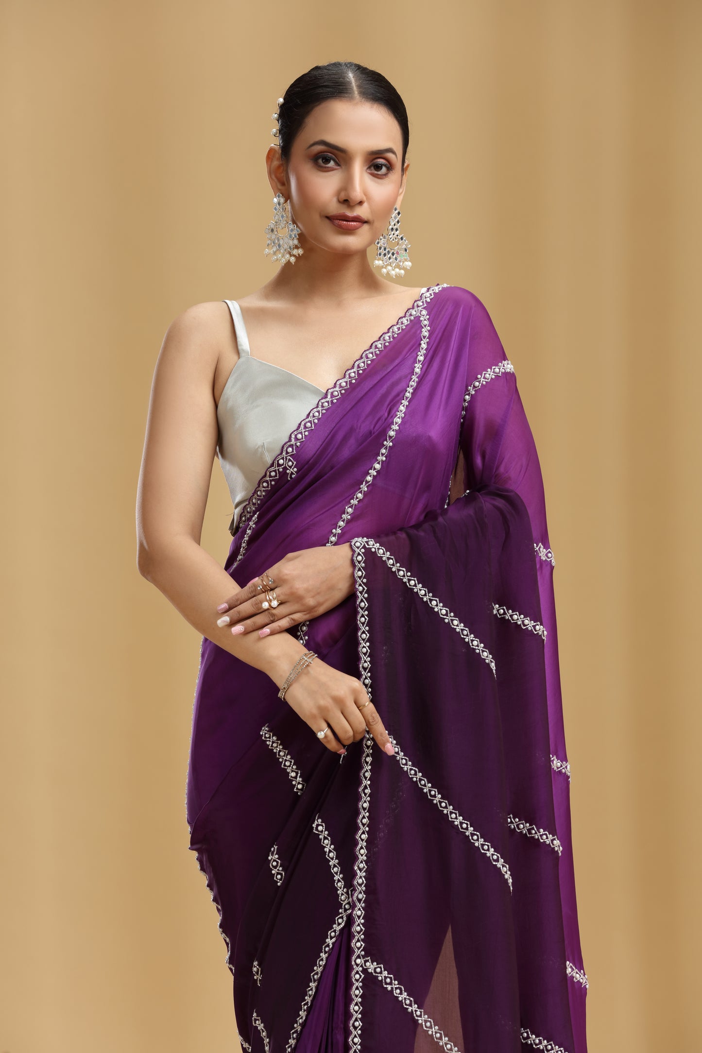 Purple Ombre Crepe Saree with Cutdana & Pearl Work (Unstitched)