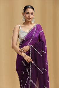 Purple Ombre Crepe Saree with Cutdana & Pearl Work (Unstitched)