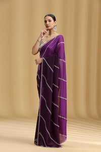 Purple Ombre Crepe Saree with Cutdana & Pearl Work (Unstitched)