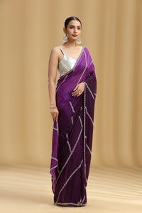 Purple Ombre Crepe Saree with Cutdana & Pearl Work (Unstitched)