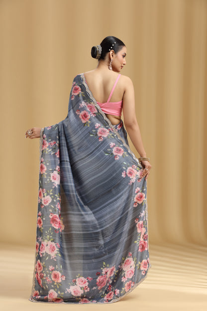 Grey Tissue Saree with Sequins & Cutdana Work (Unstitched)