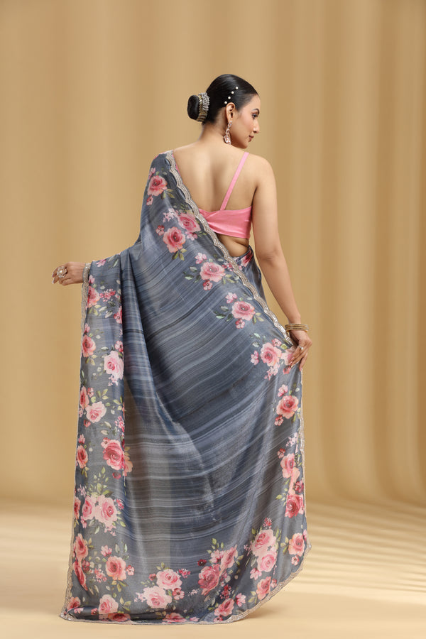 Grey Tissue Saree with Sequins & Cutdana Work (Unstitched)