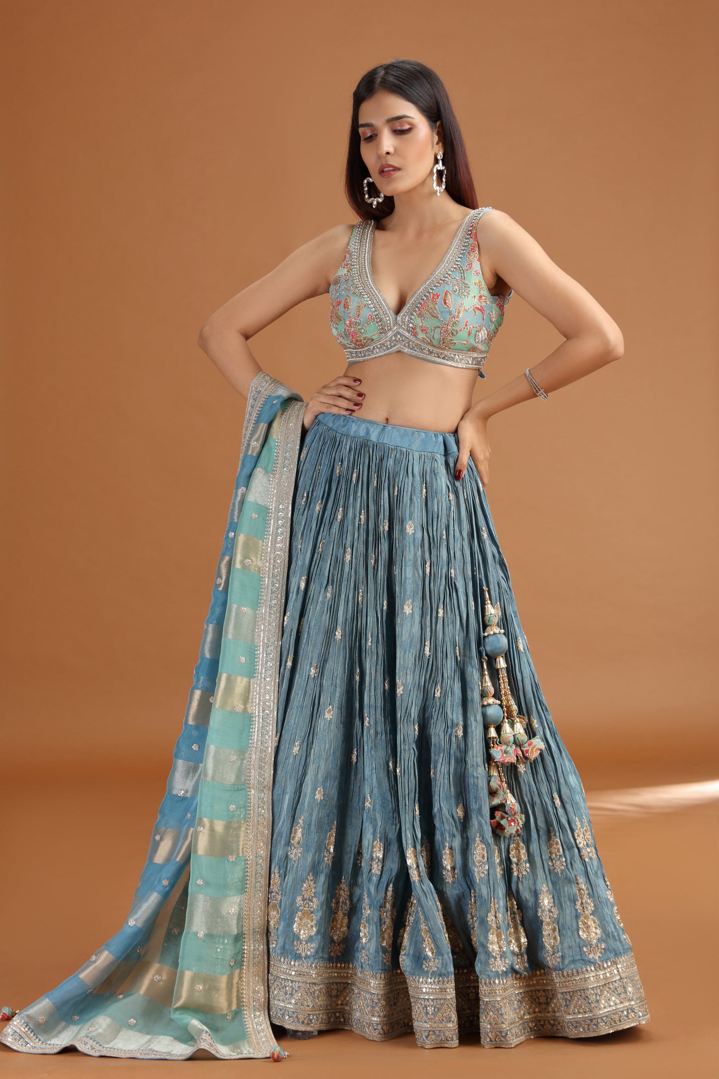 Blue Tissue Lehenga Set with Organza Dupatta & Zari Zardosi Work