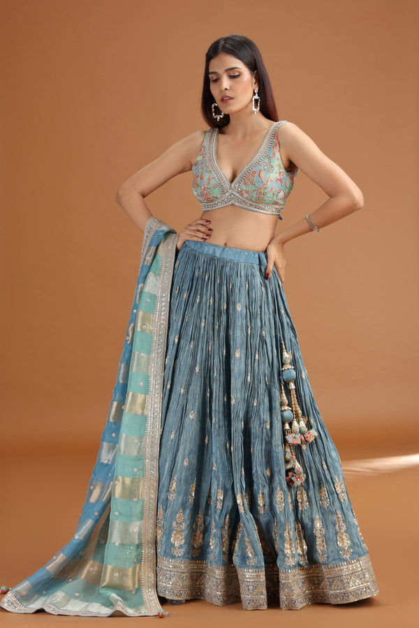 Blue Tissue Lehenga Set with Organza Dupatta & Zari Zardosi Work