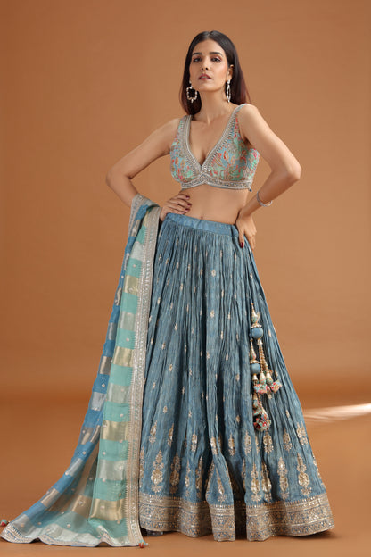 Blue Tissue Lehenga Set with Organza Dupatta & Zari Zardosi Work