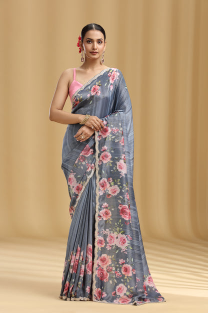 Grey Tissue Saree with Sequins & Cutdana Work (Unstitched)