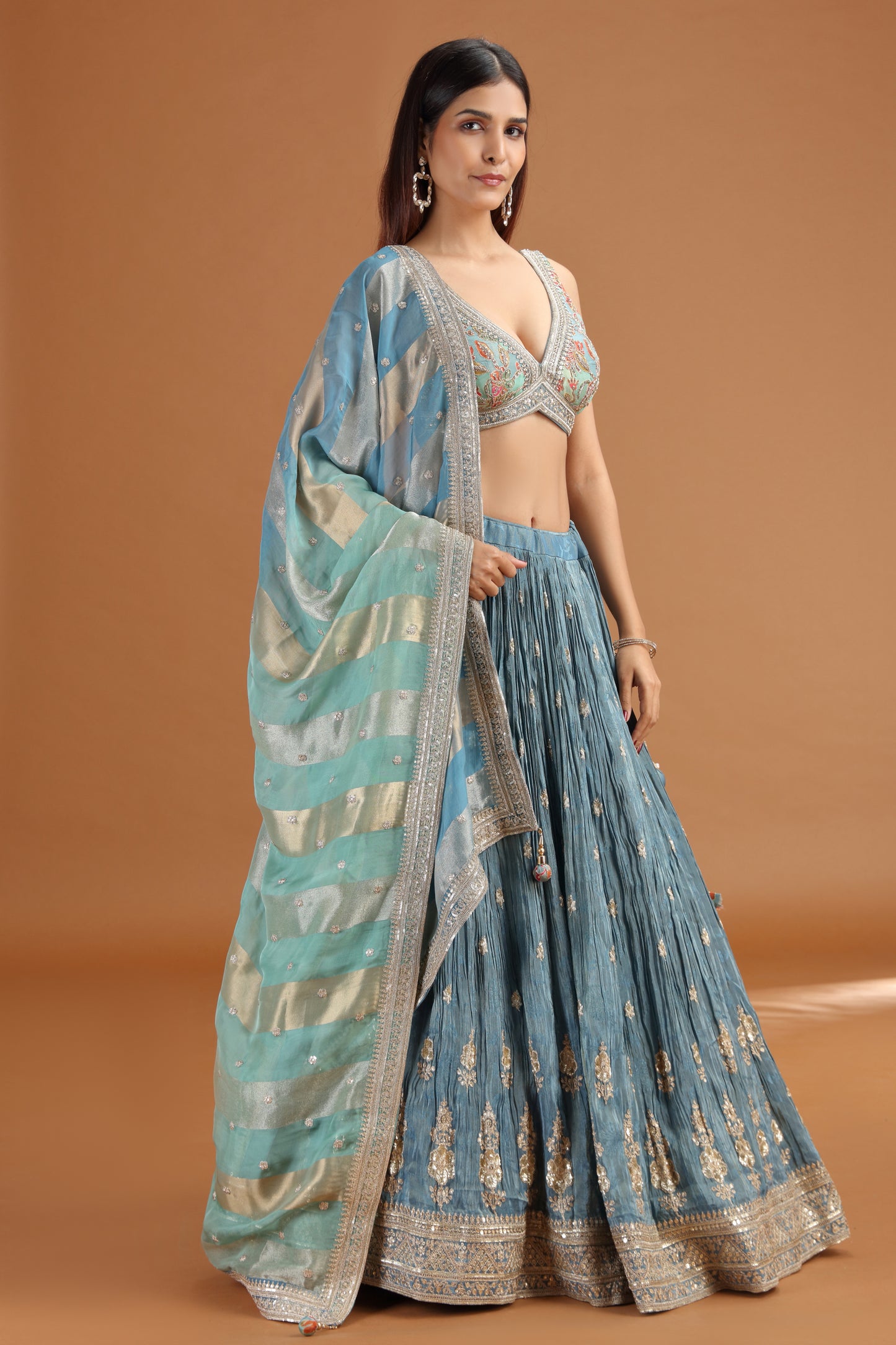 Blue Tissue Lehenga Set with Organza Dupatta & Zari Zardosi Work
