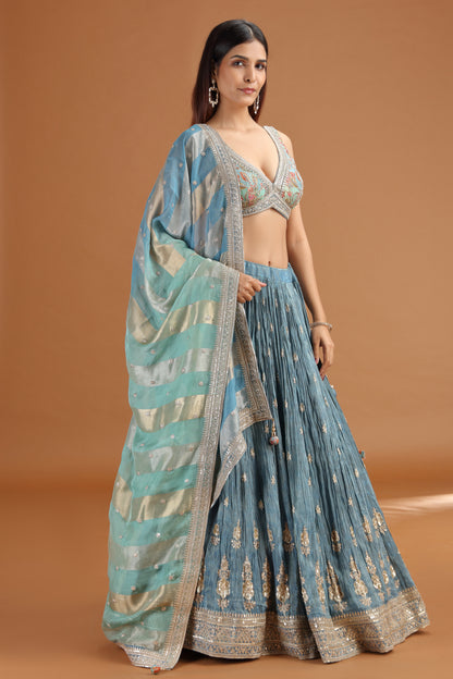 Blue Tissue Lehenga Set with Organza Dupatta & Zari Zardosi Work