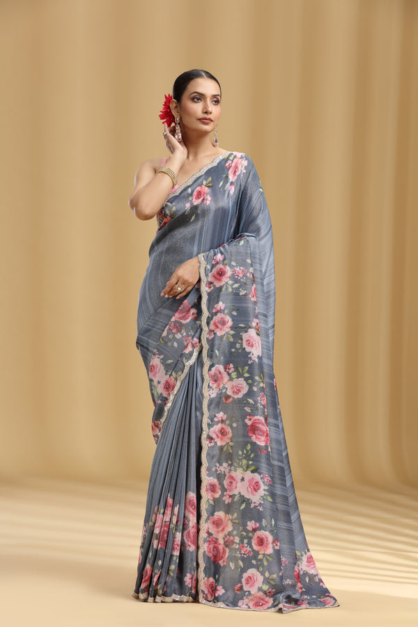 Grey Tissue Saree with Sequins & Cutdana Work (Unstitched)