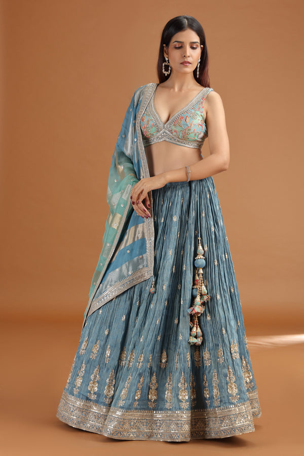 Blue Tissue Lehenga Set with Organza Dupatta & Zari Zardosi Work