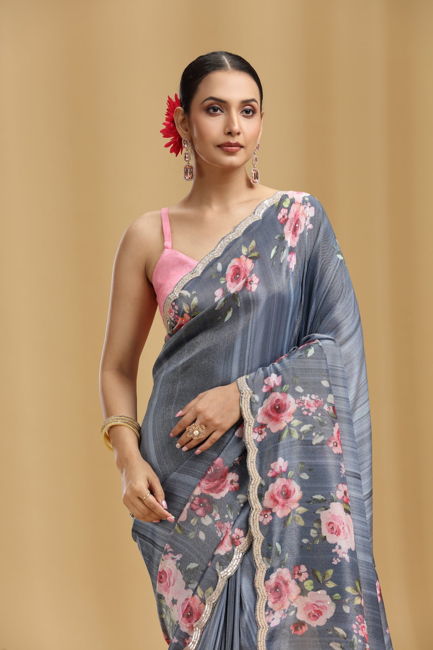 Grey Tissue Saree with Sequins & Cutdana Work (Unstitched)
