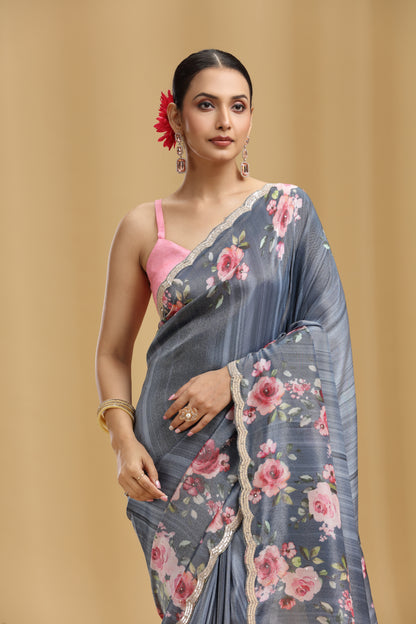 Grey Tissue Saree with Sequins & Cutdana Work (Unstitched)