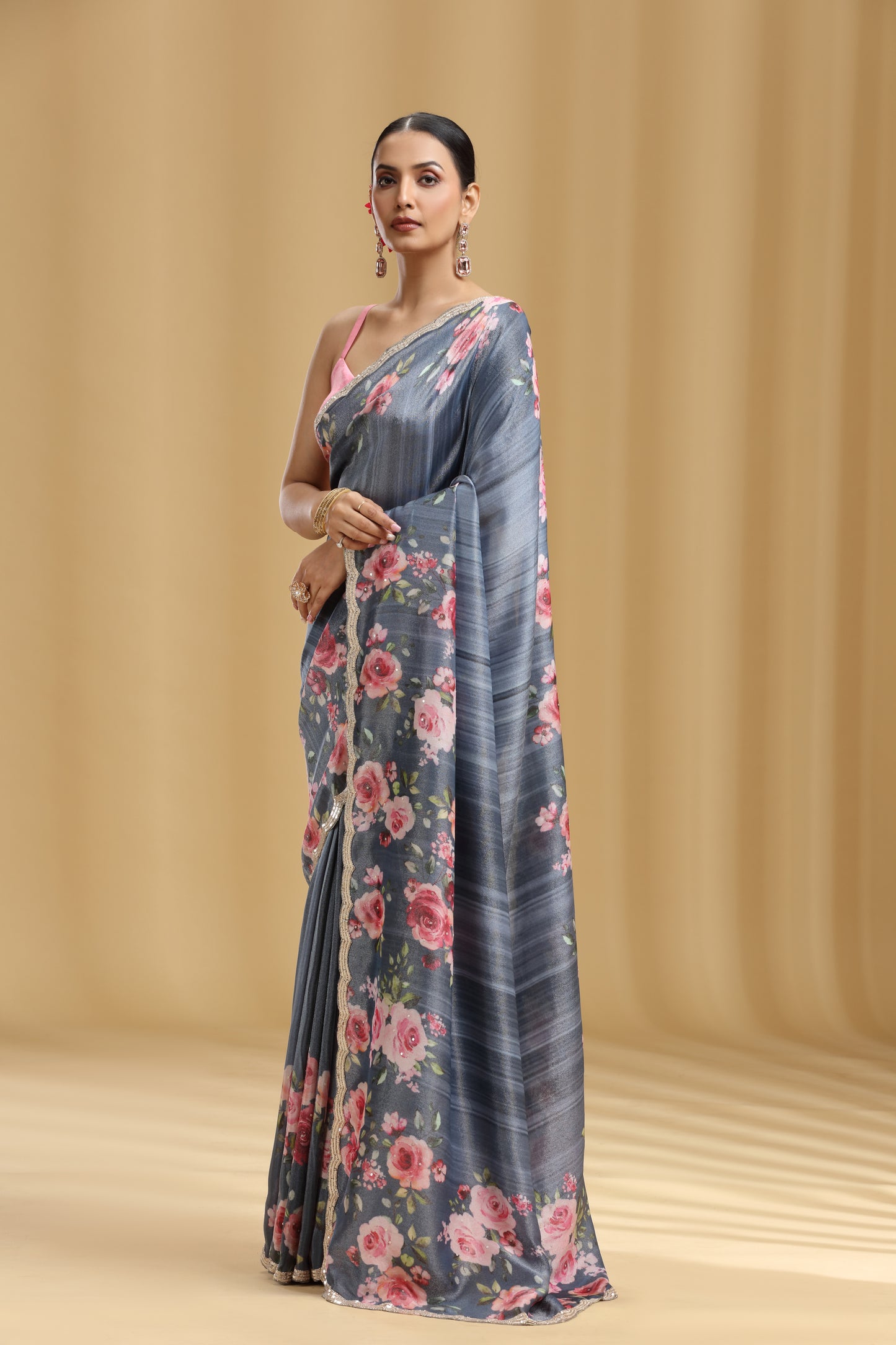 Grey Tissue Saree with Sequins & Cutdana Work (Unstitched)