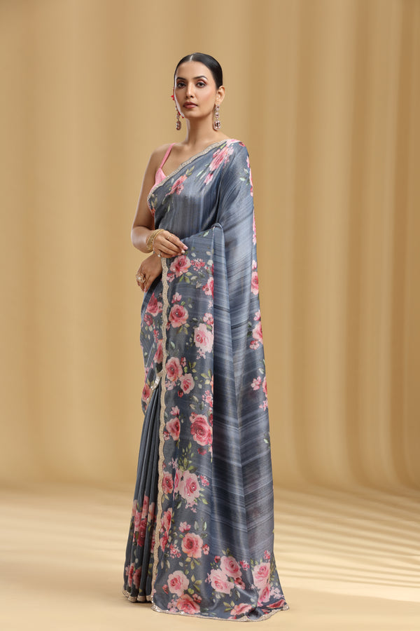 Grey Tissue Saree with Sequins & Cutdana Work (Unstitched)