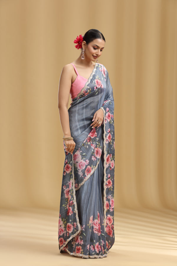 Grey Tissue Saree with Sequins & Cutdana Work (Unstitched)