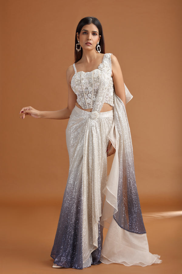 Ivory Net Saree with Stitched Net Blouse & French Knots Detail