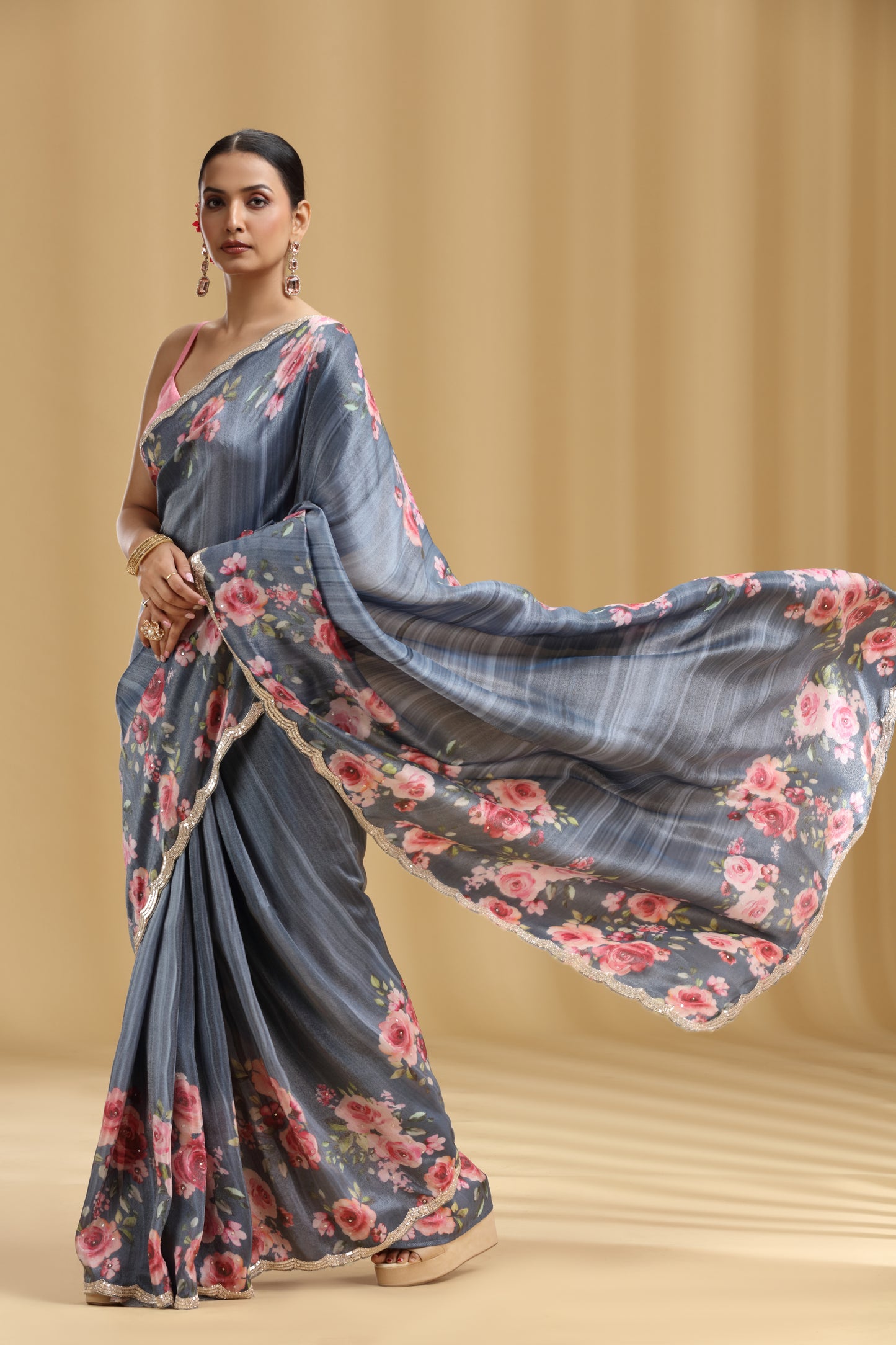 Grey Tissue Saree with Sequins & Cutdana Work (Unstitched)