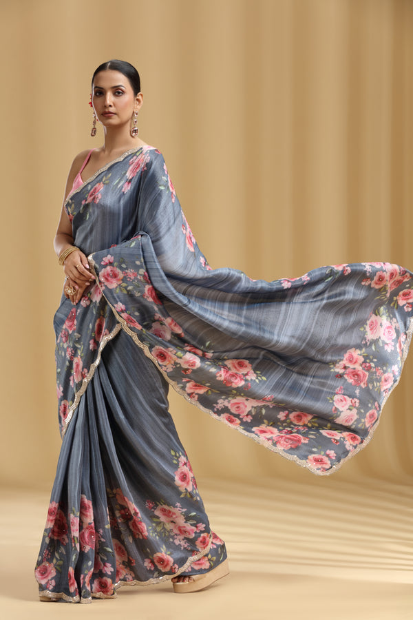 Grey Tissue Saree with Sequins & Cutdana Work (Unstitched)