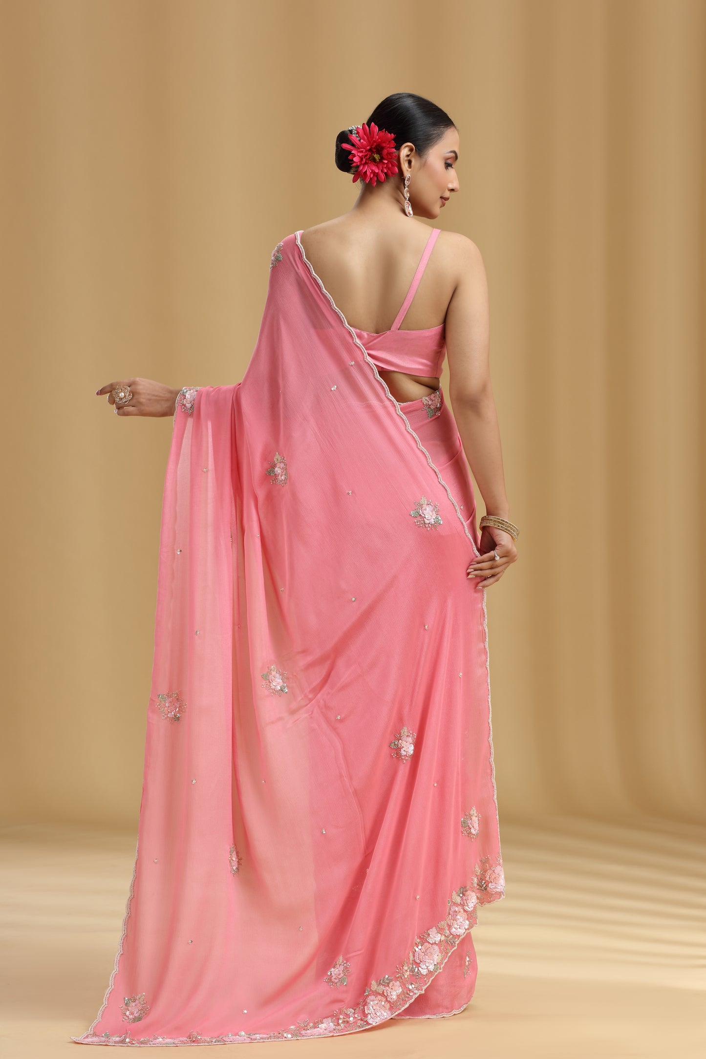 Pink Chinnon Saree with Moti, Sequins, Cutdana, Pearls, Stone & Tikki Work (Unstitched)