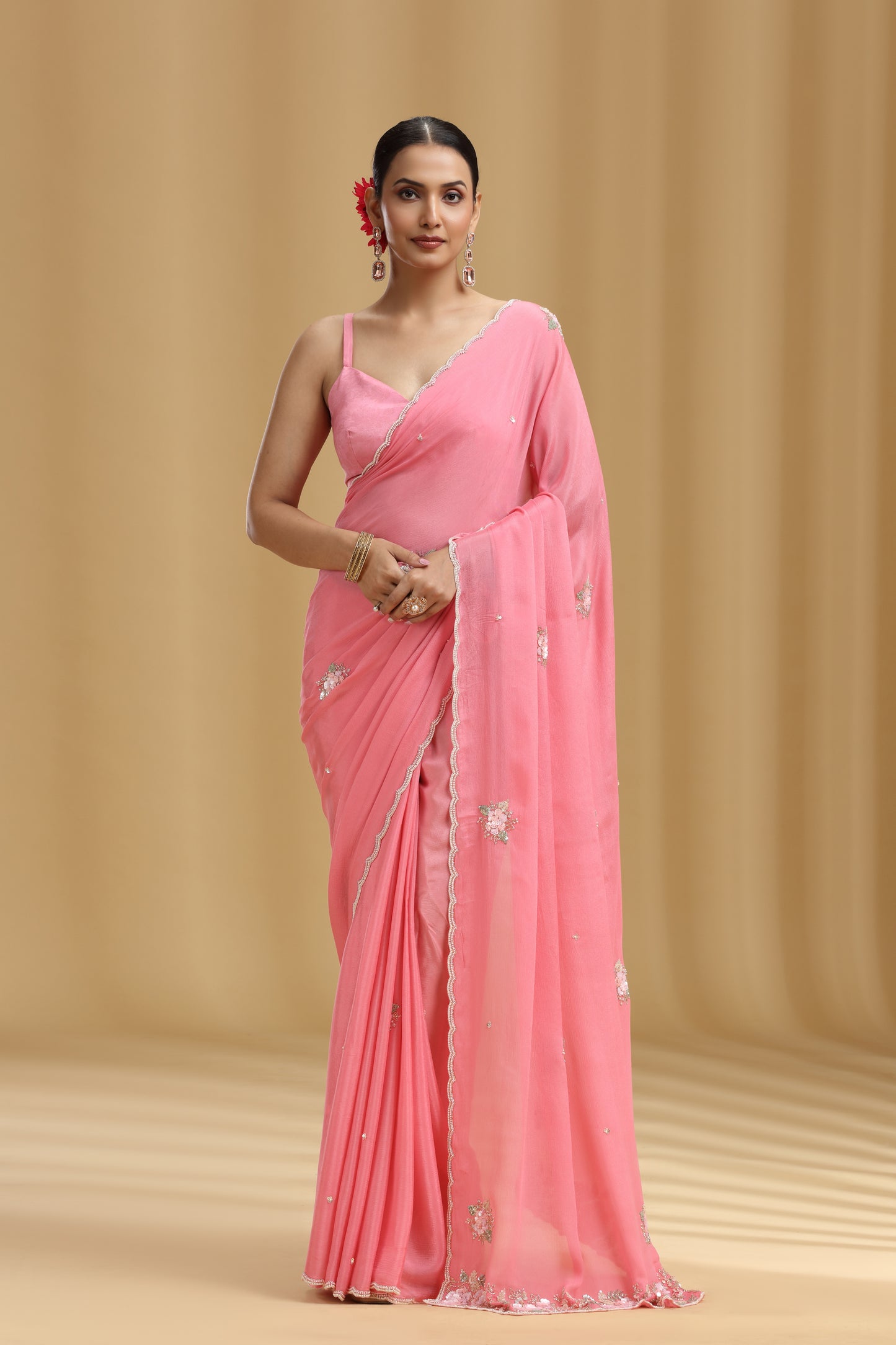 Pink Chinnon Saree with Moti, Sequins, Cutdana, Pearls, Stone & Tikki Work (Unstitched)
