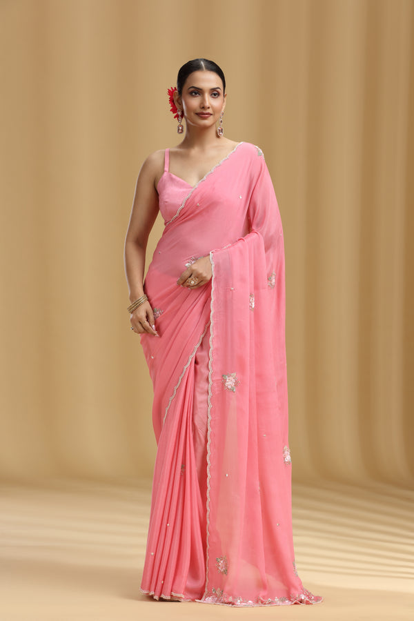 Pink Chinnon Saree with Moti, Sequins, Cutdana, Pearls, Stone & Tikki Work (Unstitched)