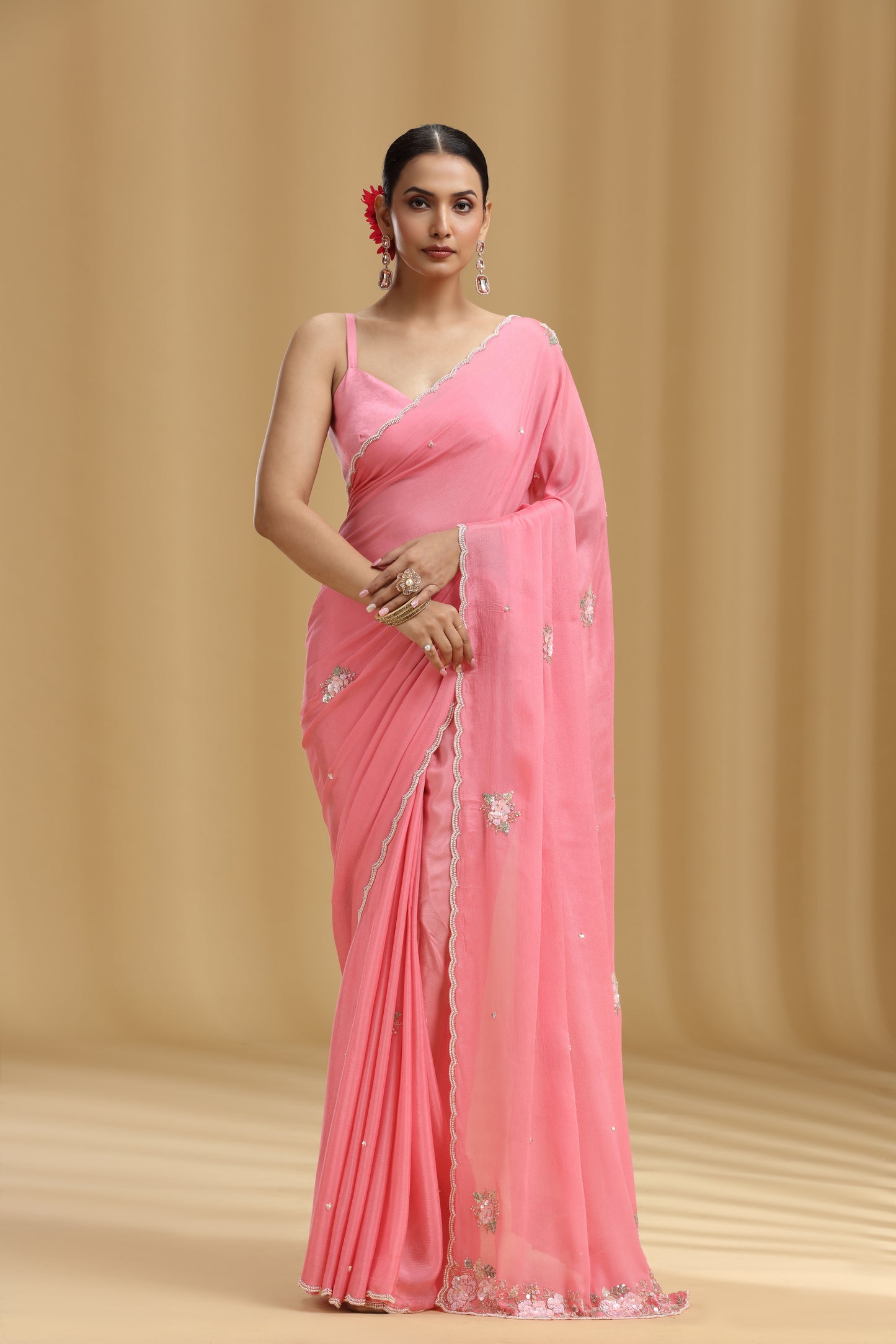 Pink Chinnon Saree with Moti, Sequins, Cutdana, Pearls, Stone & Tikki Work (Unstitched)