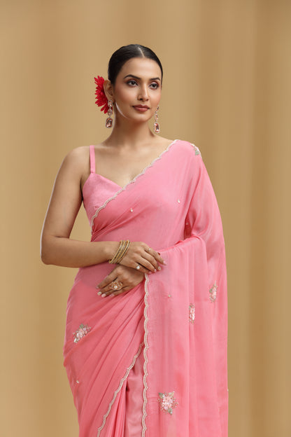 Pink Chinnon Saree with Moti, Sequins, Cutdana, Pearls, Stone & Tikki Work (Unstitched)