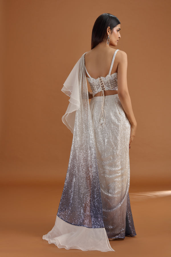 Ivory Net Saree with Stitched Net Blouse & French Knots Detail