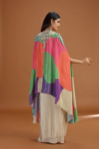 Woman wearing a multi color dupatta with geometric patterns on a brown background