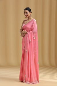 Pink Chinnon Saree with Moti, Sequins, Cutdana, Pearls, Stone & Tikki Work (Unstitched)